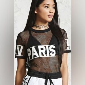 Y2K 90’s Retro Vibe Streetwear Black Mesh Top Forever 21 PARIS White Lettering
